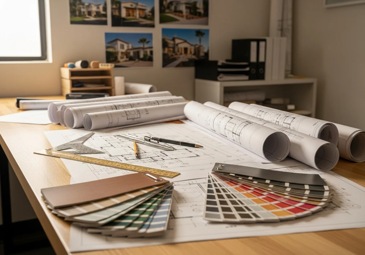 Professional drafting workspace with design tools, blueprints, and material samples on work surfaces.