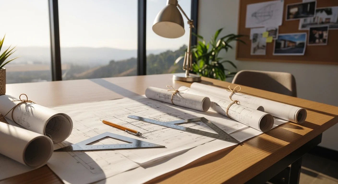 Construction blueprints and architectural drawings on a desk