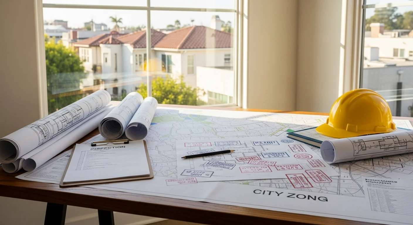 Project manager reviewing building permits and construction documents