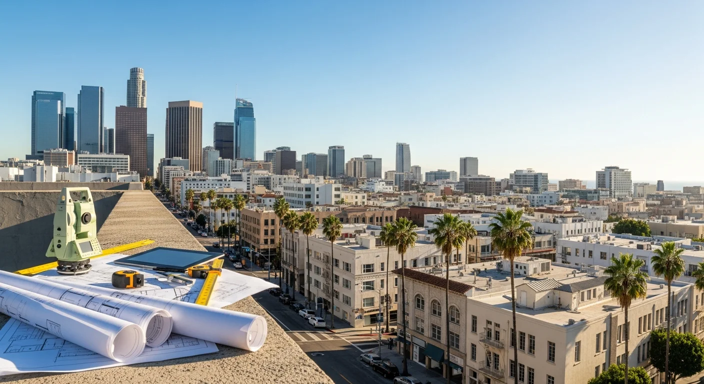 Wide view of diverse Los Angeles neighborhoods with residential and commercial buildings under clear sky.