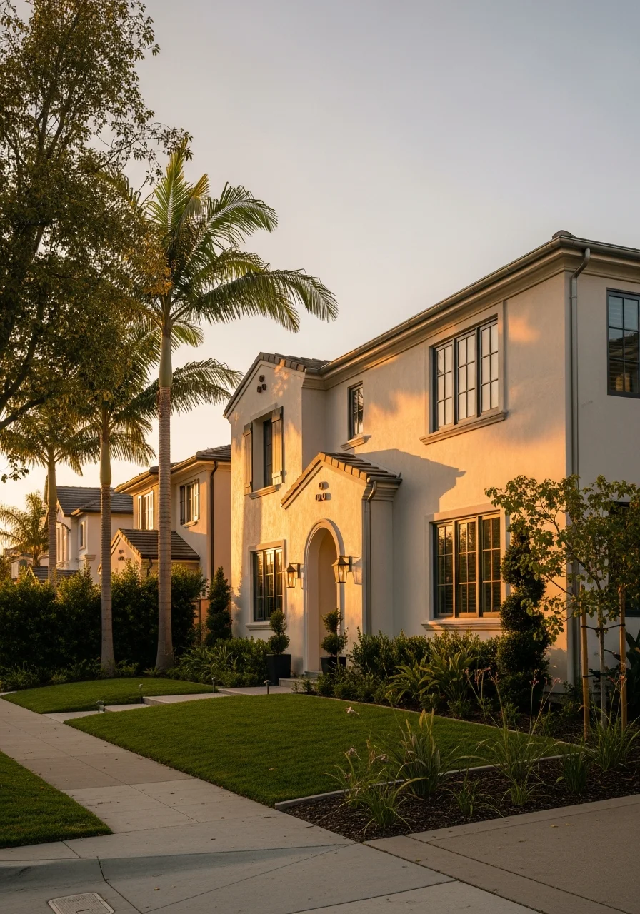 Detail shot of an Orange County home exterior showing quality craftsmanship and neighborhood setting.