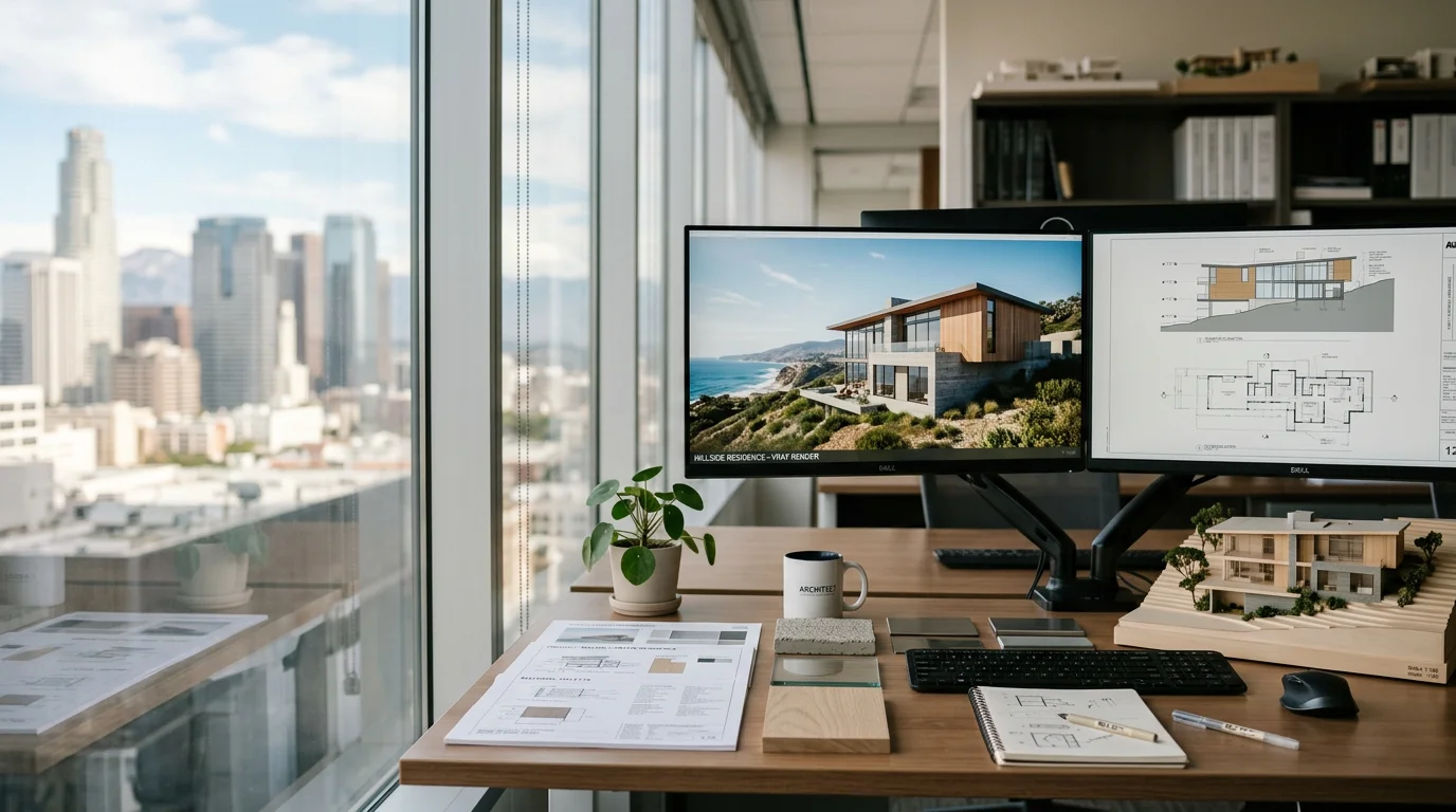 Photorealistic 3D architectural rendering of a residential exterior in Los Angeles, showing finished facade materials, landscaping, and natural lighting. The rendering is displayed alongside architectural plan sheets on a drafting desk.