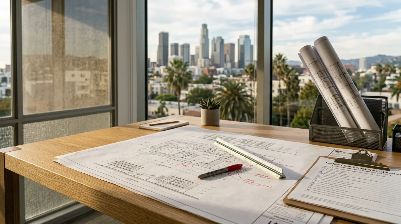 An architectural consultation in progress in Los Angeles, showing a drafting professional reviewing site plans and design documents with a homeowner at a work table. Floor plan drawings and zoning notes are spread across the surface.
