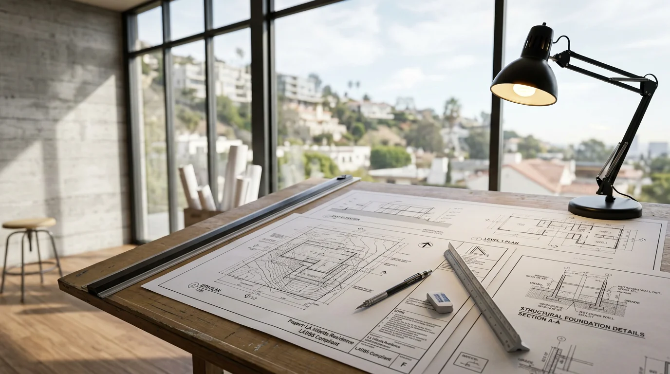 Architectural floor plan drawings and elevation sheets spread on a drafting table, representing residential design work prepared for LADBS plan check submission in Los Angeles.