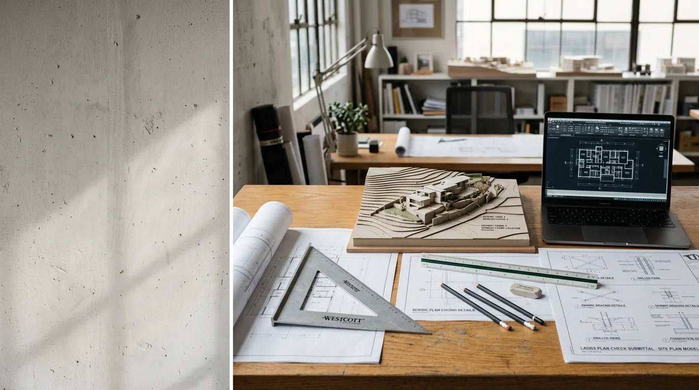 A detailed set of architectural engineering drawings spread on a work table, showing floor plans, elevations, and structural details for a residential project in Los Angeles. The documents include site plan sheets and Title 24 energy compliance pages typical of an LADBS plan check submittal.