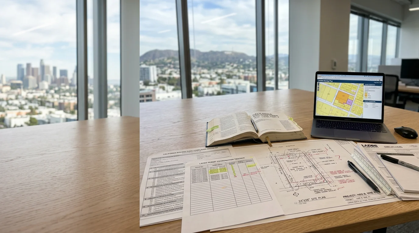 A drafting professional reviewing building permit documents and code compliance drawings for a residential project in Los Angeles. Architectural plans are spread across a desk alongside LADBS submittal forms.