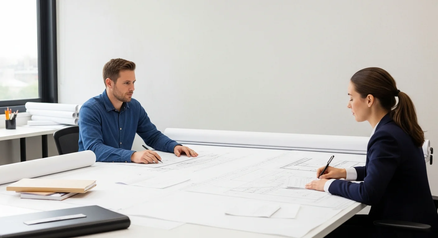 A drafting professional reviewing a detailed architectural plan set prepared for a Los Angeles LADBS building permit application. Permit documents and a site plan for a residential addition are spread across a drafting table in a Los Angeles design office.