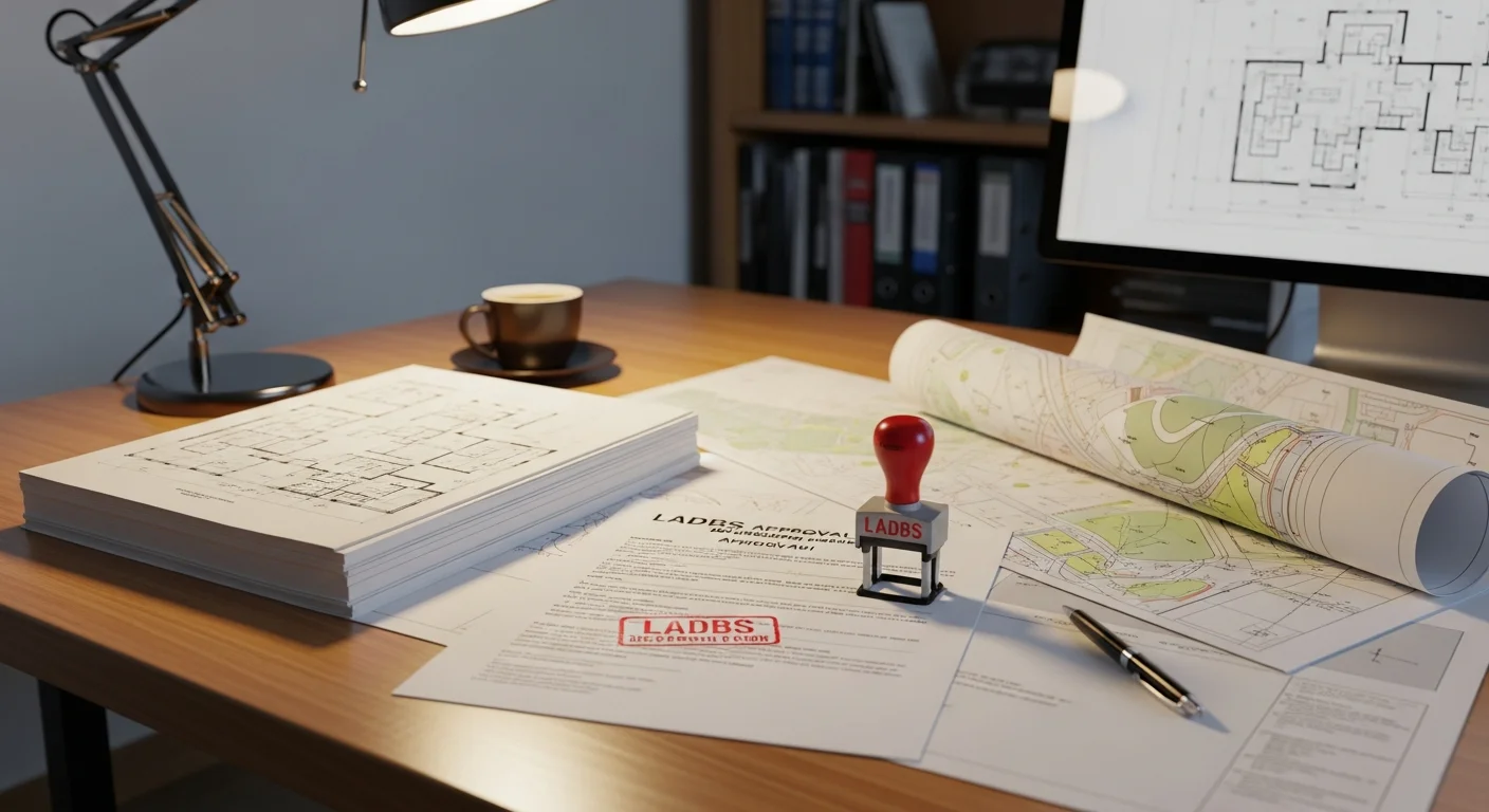 A set of stamped construction drawings spread on a desk with a Los Angeles city permit application form visible alongside. A drafting professional reviews plan check notes from LADBS for a residential addition project.