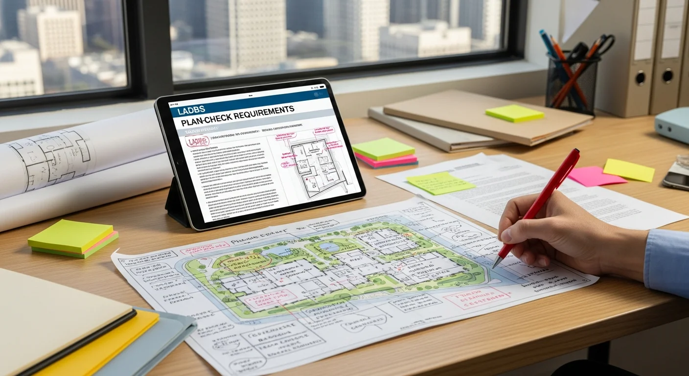 A drafting professional reviewing coordinated construction drawings spread across a work table in a Los Angeles design office. Annotated plan sheets show structural, mechanical, and electrical scopes aligned for a multi-agency city review submission.
