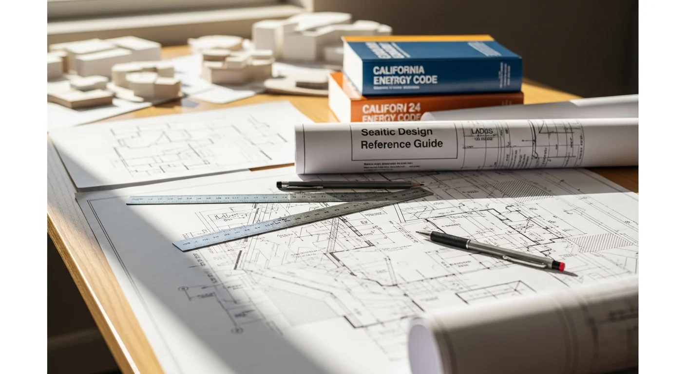 Detailed architectural construction plan drawings spread on a drafting table, showing floor plans and site layout for a residential project in Los Angeles. A drafting professional reviews the technical drawings with a scaled ruler.