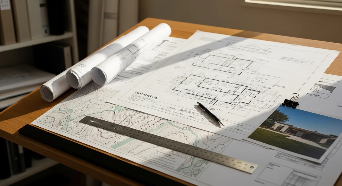 A detailed custom design plan drawing spread on a work table, showing floor plan layouts and elevation views for a Los Angeles residential property. Drafting tools and a site plan with lot dimensions are visible alongside the construction documents.