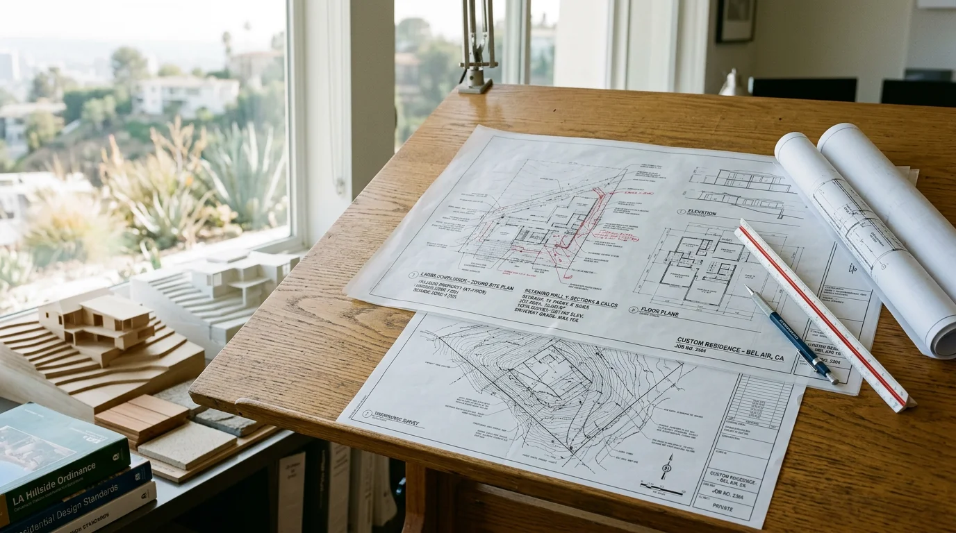Custom home design floor plan drawings spread across a drafting table, with a Los Angeles residential lot site plan visible in the background. A designer reviews elevation sheets for a new single-family home project in the Los Angeles area.