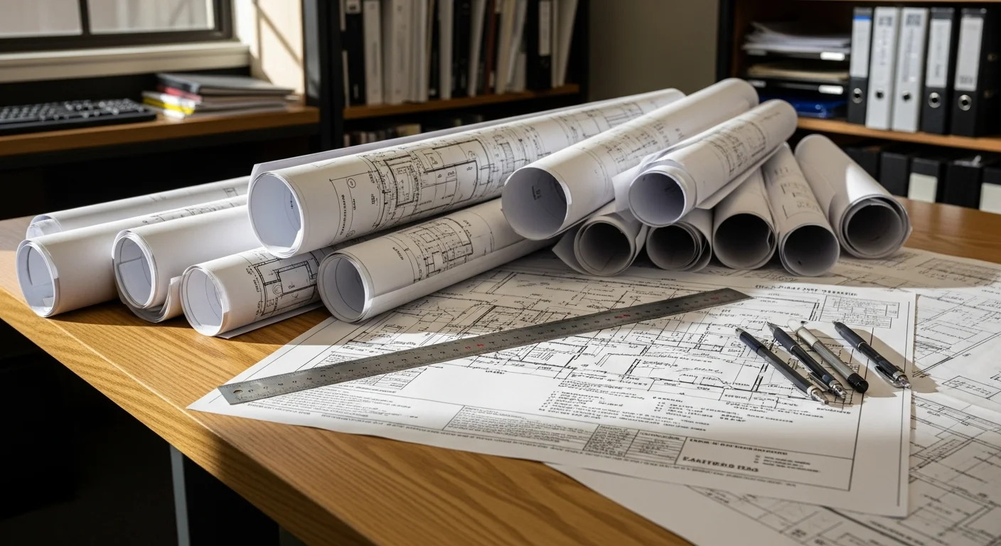 A detailed engineering drawing set for a Los Angeles residential project, showing structural floor plans, elevation views, and construction section details laid flat on a drafting table. Technical annotations and dimension lines are visible throughout the sheets.