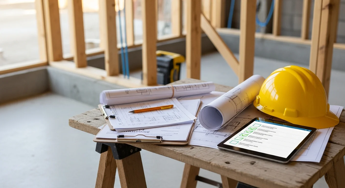 A project coordinator reviewing approved construction plans and a Building Card on a residential job site in Los Angeles. The framing stage is visible and ready for a scheduled LADBS inspection.