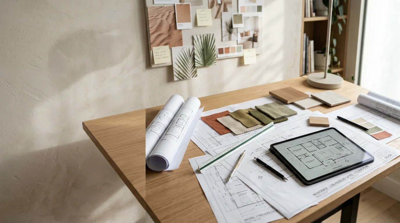 Interior design plan and material selections laid out on a drafting table for a residential remodel in Los Angeles. A bright, open-plan living space with updated layout and finishes reflects the coordinated design and drafting process used by Dream To Design.