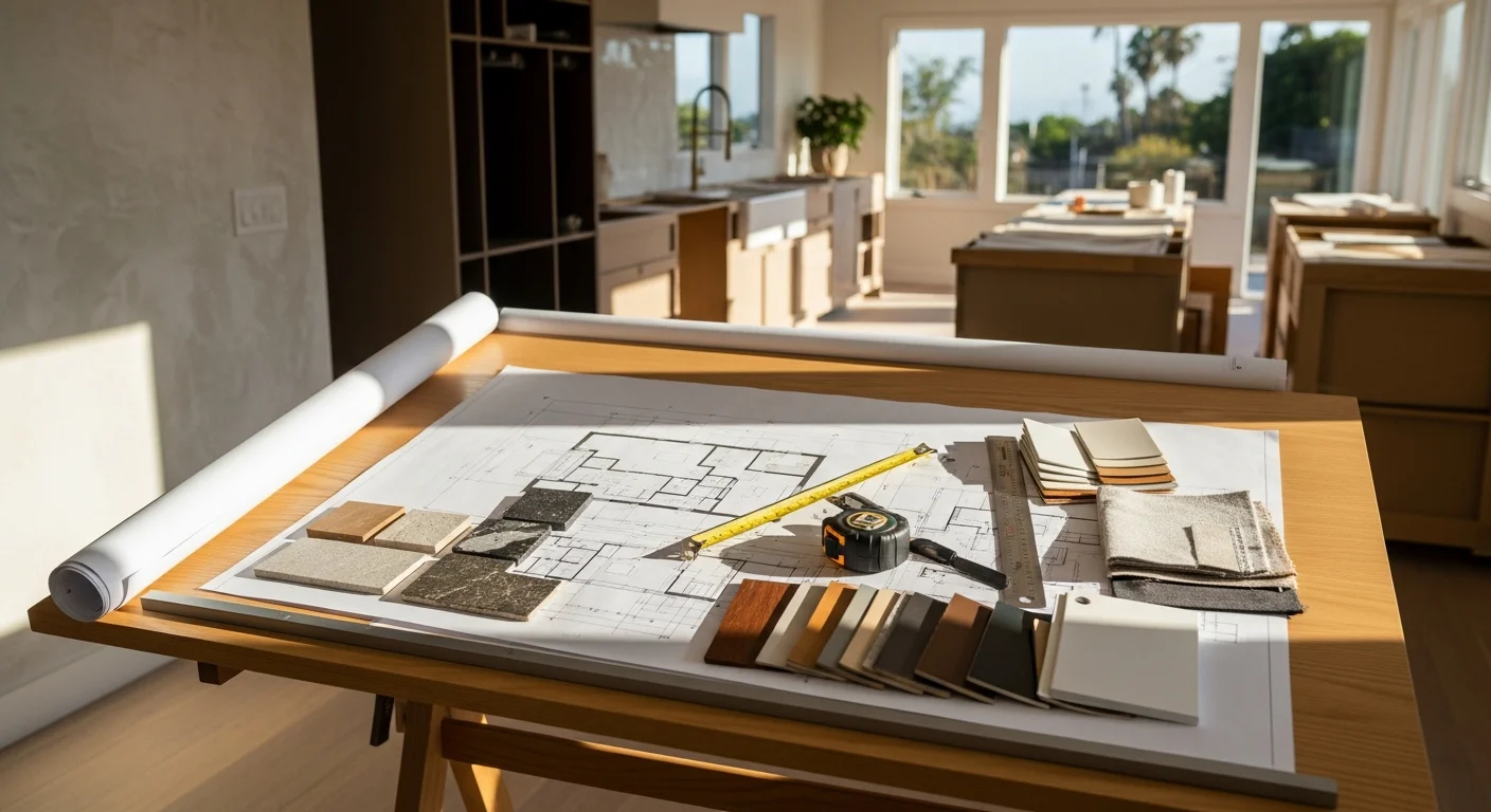 A finished kitchen design in a Los Angeles home featuring an open-concept layout with defined cooking, prep, and seating zones. The space shows clean cabinet lines, layered lighting, and a layout planned for both daily use and entertaining.