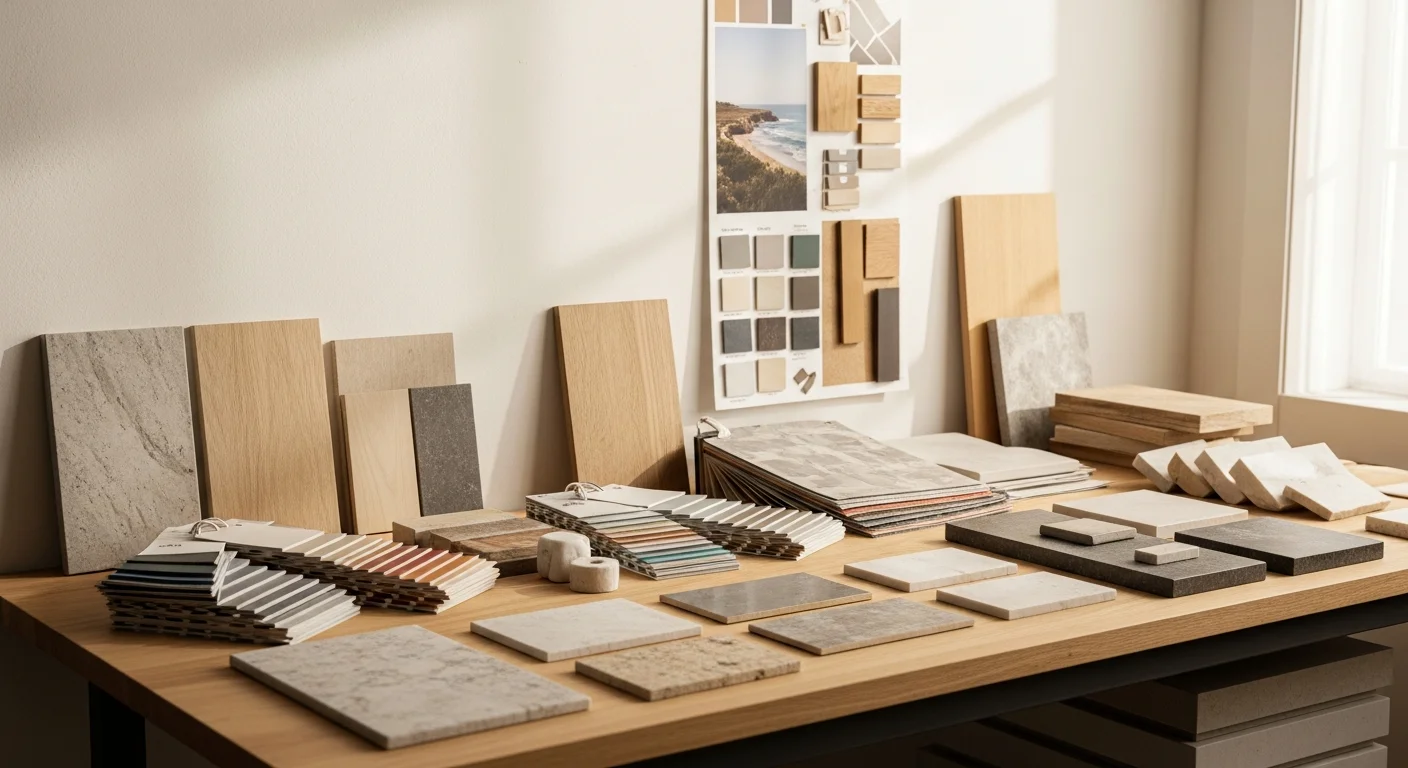 An interior design material sample board laid out on a table in a Los Angeles home, showing coordinated flooring, countertop, and wall finish options. A designer reviews the selections with a homeowner in a well-lit living space.