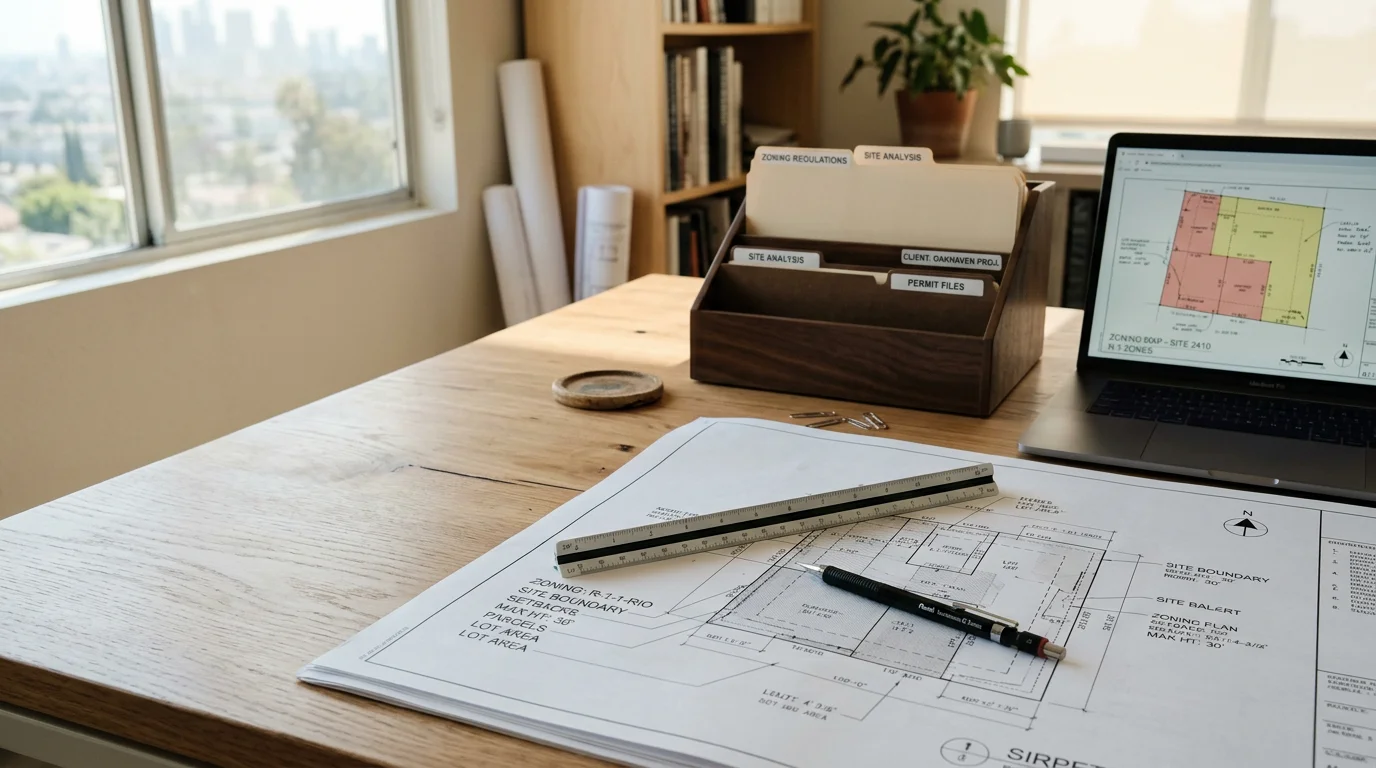 Architectural plans and zoning documents spread on a desk with a Los Angeles residential property visible in the background. A design professional reviews site drawings as part of a planning approval submission.