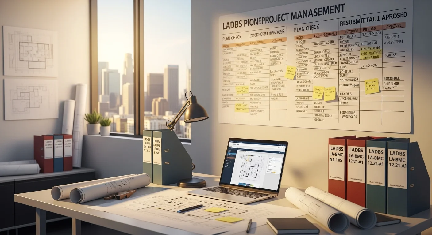 A project manager reviewing stamped construction drawings at a desk with a Los Angeles residential building plan spread out in front of them. Drafting tools and a plan check correction list are visible alongside the blueprints.