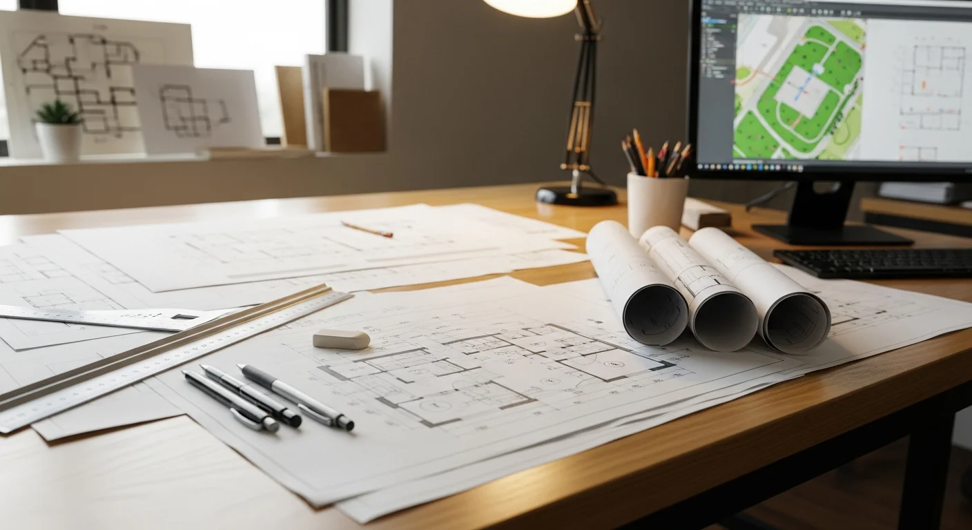 A detailed residential blueprint set spread on a drafting table, showing floor plans and elevations for a Los Angeles single-family home addition. Construction drawings include site plan, dimensions, and section cuts prepared for city plan check submission.