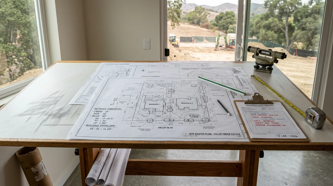 Architectural site master plan drawing laid flat on a table, showing lot boundaries, building footprints, setback lines, and access points for a residential property in Los Angeles. A drafting professional reviews the scaled plan document in a design studio setting.