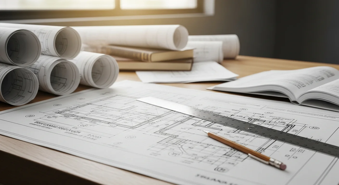 Detailed structural design drafting drawings for a Los Angeles residential project, showing foundation plans, framing layouts, and beam connection details on a drafting table.
